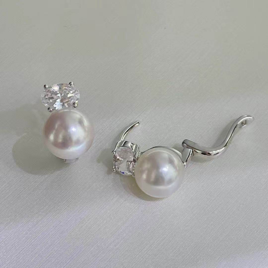 Akoya Pearl Stud Earrings Sterling Silver - Fashionable New Oval Zircon AAA8-9mm Natural