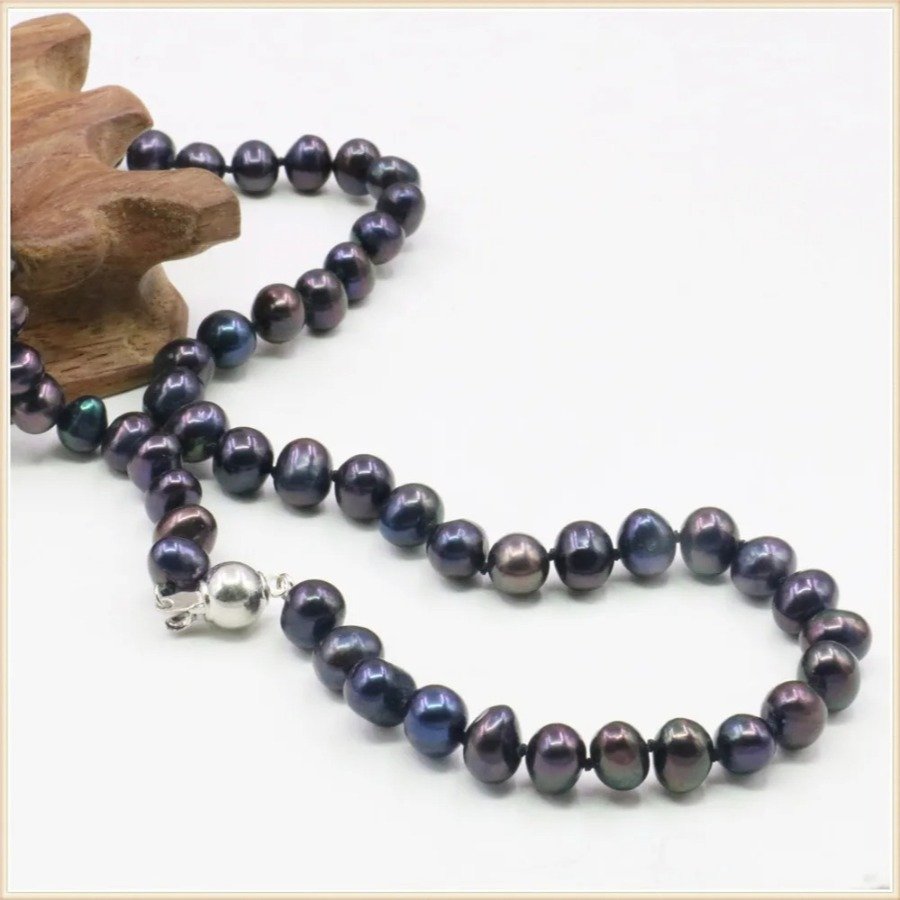 Silver Bead Clasps For Pearl Necklace - 7-8mm Black Natural Fresh Water Pearl